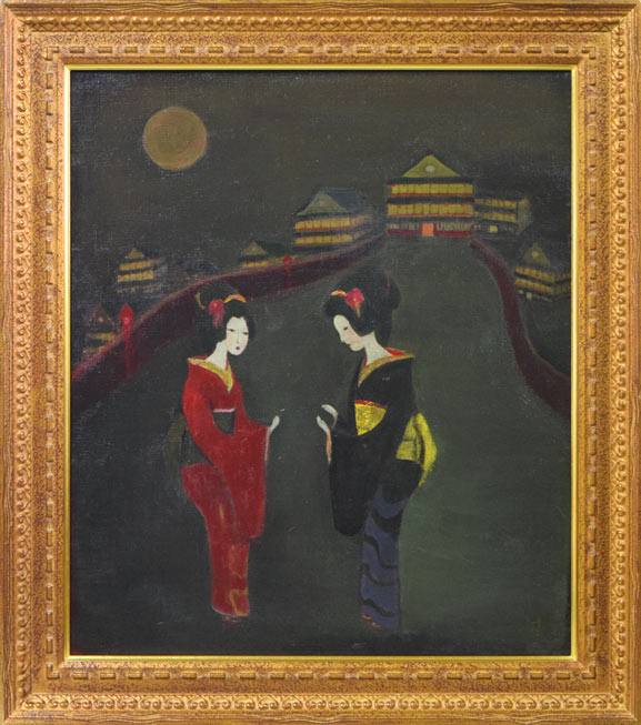 杢田たけを「不夜城・対話(おぼろ夜可愛花)」油絵・F10号