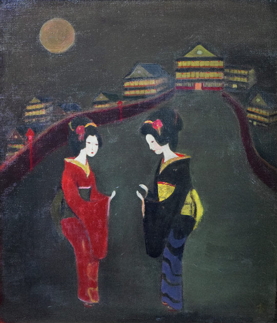 杢田たけを「不夜城・対話(おぼろ夜可愛花)」油絵・F10号 作品全体拡大画像