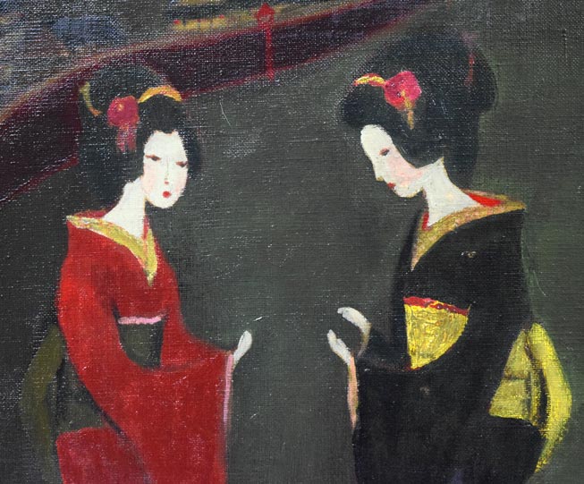 杢田たけを「不夜城・対話(おぼろ夜可愛花)」油絵・F10号 拡大画像1