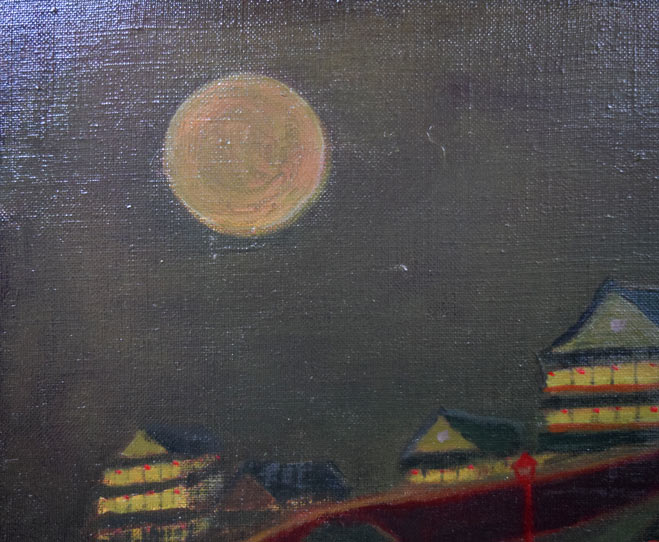 杢田たけを「不夜城・対話(おぼろ夜可愛花)」油絵・F10号 拡大画像2