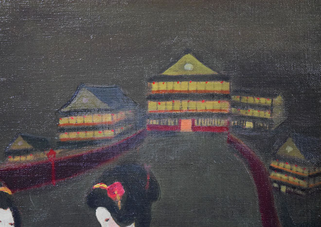 杢田たけを「不夜城・対話(おぼろ夜可愛花)」油絵・F10号 拡大画像3