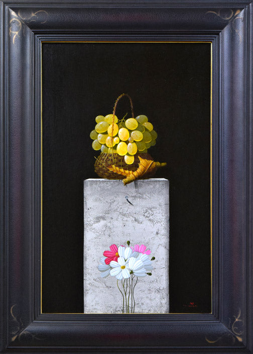 百瀬郷志「葡萄とコスモスと」油絵・M10号