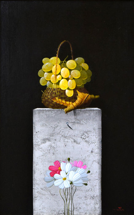 百瀬郷志「葡萄とコスモスと」油絵・M10号 拡大部分