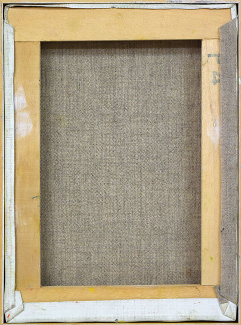 盛國春「秋の奥入瀬渓流」油絵・F4号 キャンバス裏側画像