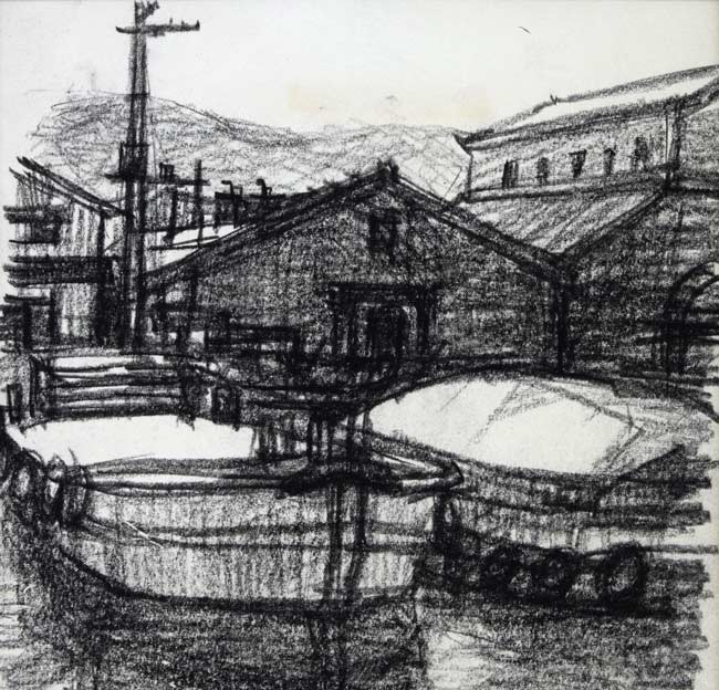 森本三郎「石造倉庫とはしけ(小樽運河)」コンテ画 拡大画像1