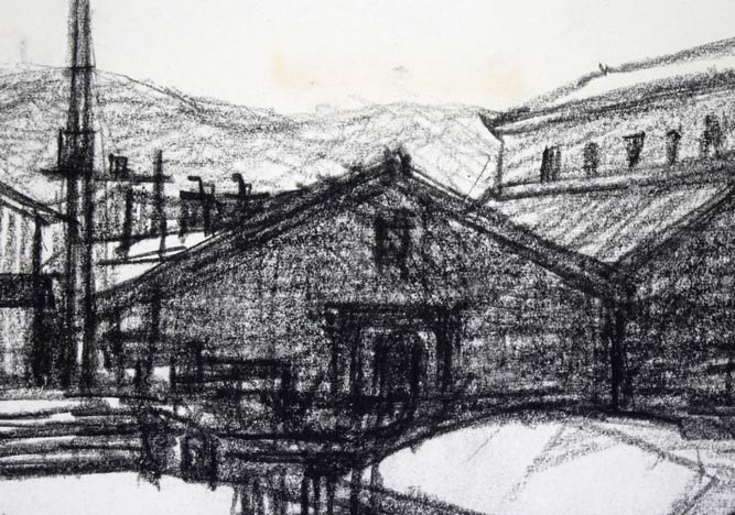森本三郎「石造倉庫とはしけ(小樽運河)」コンテ画 拡大画像2