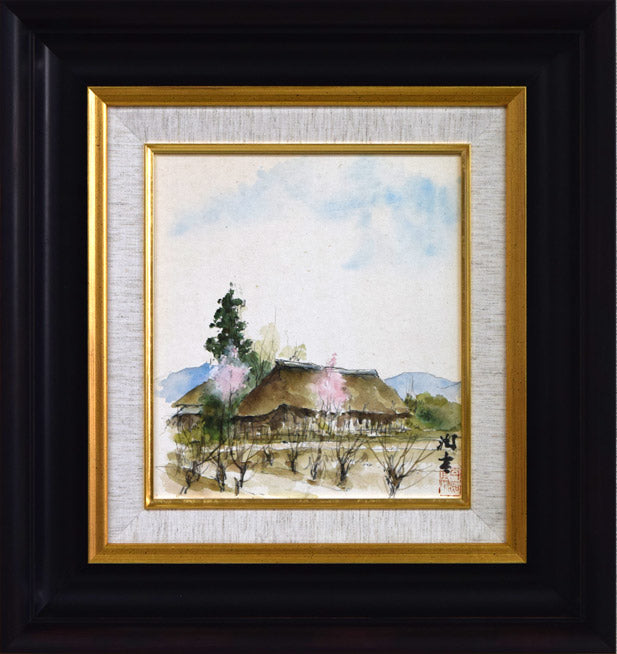 向井潤吉「桃咲く家(秩父)」水彩画・色紙