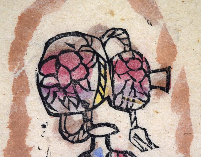 棟方志功「貧乏の美(火の願ひ板画柵より)」板画に裏手彩 拡大画像3