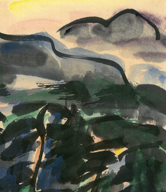 棟方志功「山村風景図」色紙に倭絵(紙本・彩色) 拡大画像1