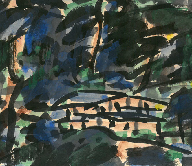 棟方志功「山村風景図」色紙に倭絵(紙本・彩色) 拡大画像2