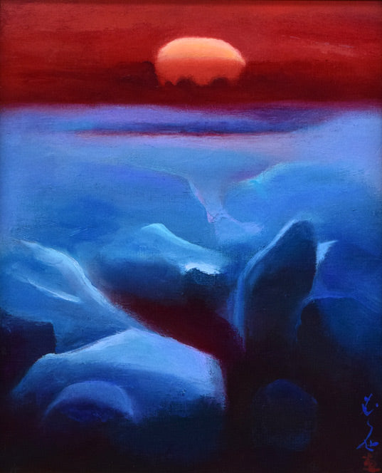 村瀬真治「オホーツク流氷 あかつき」油絵・F3号 作品全体拡大画像