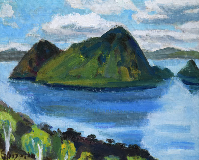 村田省蔵「洞爺湖」油絵・F3号 作品全体拡大画像