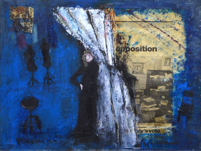 南雲 久美子「仕事部屋」油絵・コラージュ・F6号 全体拡大部分