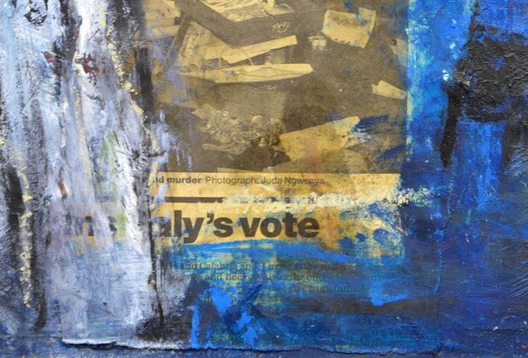 南雲 久美子「仕事部屋」油絵・コラージュ・F6号 コラージュ拡大部分1