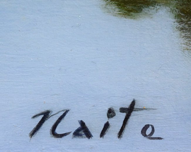 内藤綱男「池のほとり」油絵・P10号 サイン拡大画像