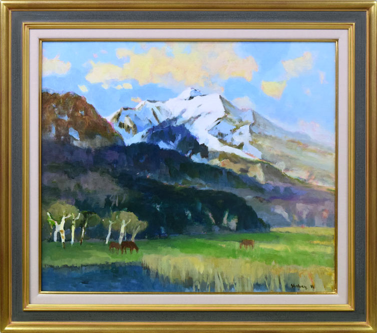 中本 昭平「残雪の山野(襟裳百人浜)」油絵・F10号