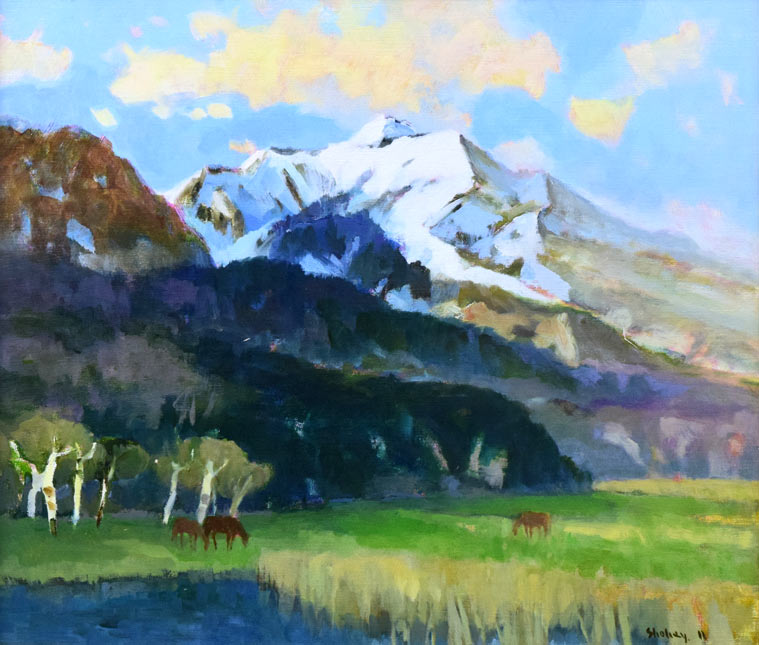 中本 昭平「残雪の山野(襟裳百人浜)」油絵・F10号 作品全体拡大画像