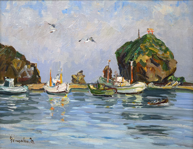 中村善策「高島漁港(小樽)」油絵・F6号 作品全体拡大画像