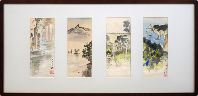 中村善策「層雲峡/大沼と駒ヶ岳/石狩平野/忍路湾にて」水彩画