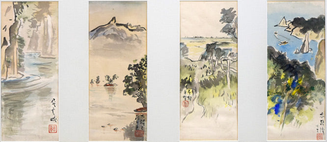 中村善策「層雲峡/大沼と駒ヶ岳/石狩平野/忍路湾にて」水彩画 作品全体拡大画像