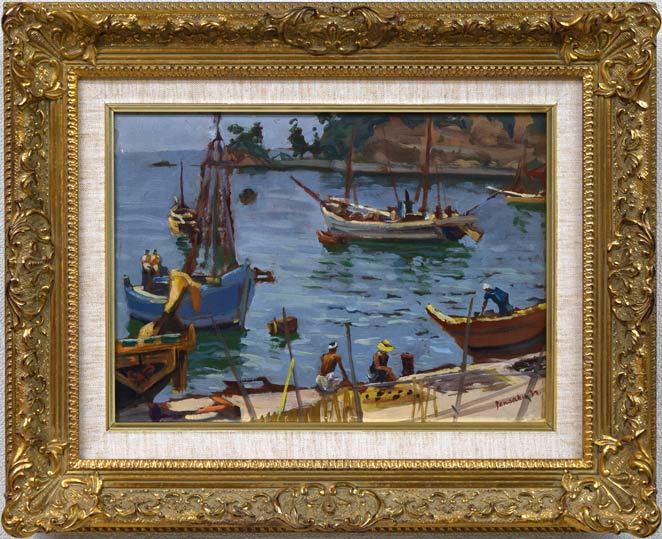 中村善策「八月の師崎港」油絵・F4号