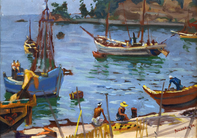 中村善策「八月の師崎港」油絵・F4号 作品全体拡大画像