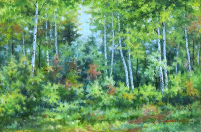 中西尭昭「白樺林」油絵・P6号 作品全体拡大画像