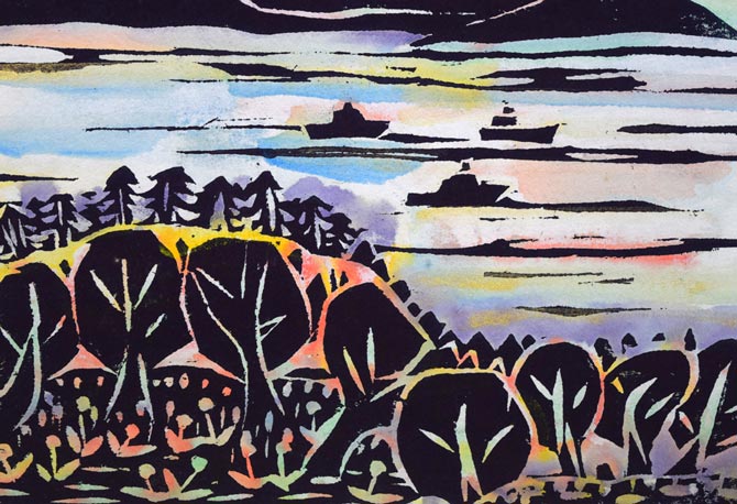 成田泰明「海の向に見える高いお山」木版画に裏彩色 拡大画像2