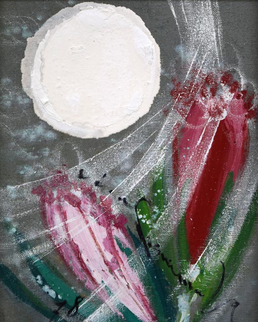 西村計雄「月と南の花」油絵・仏F3号　作品全体拡大画像