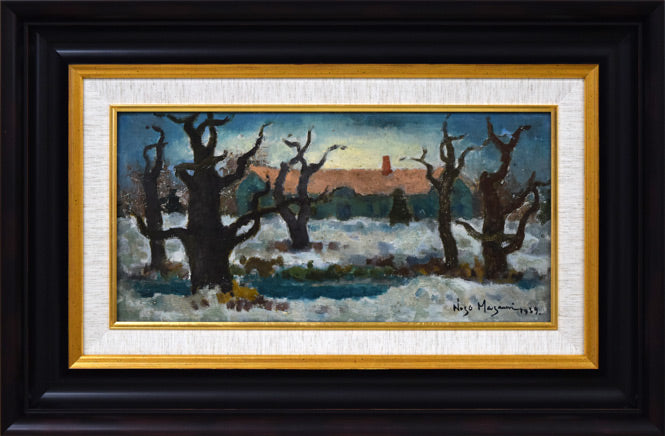 能勢真美「校庭浅春(北海道大学)」油絵・変形8号