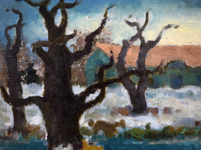 能勢真美「校庭浅春(北海道大学)」油絵・変形8号 拡大画像1