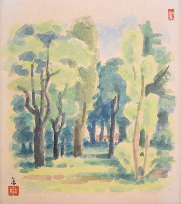 能勢真美「初夏・校庭(大谷高校)」水彩画 作品全体拡大画像