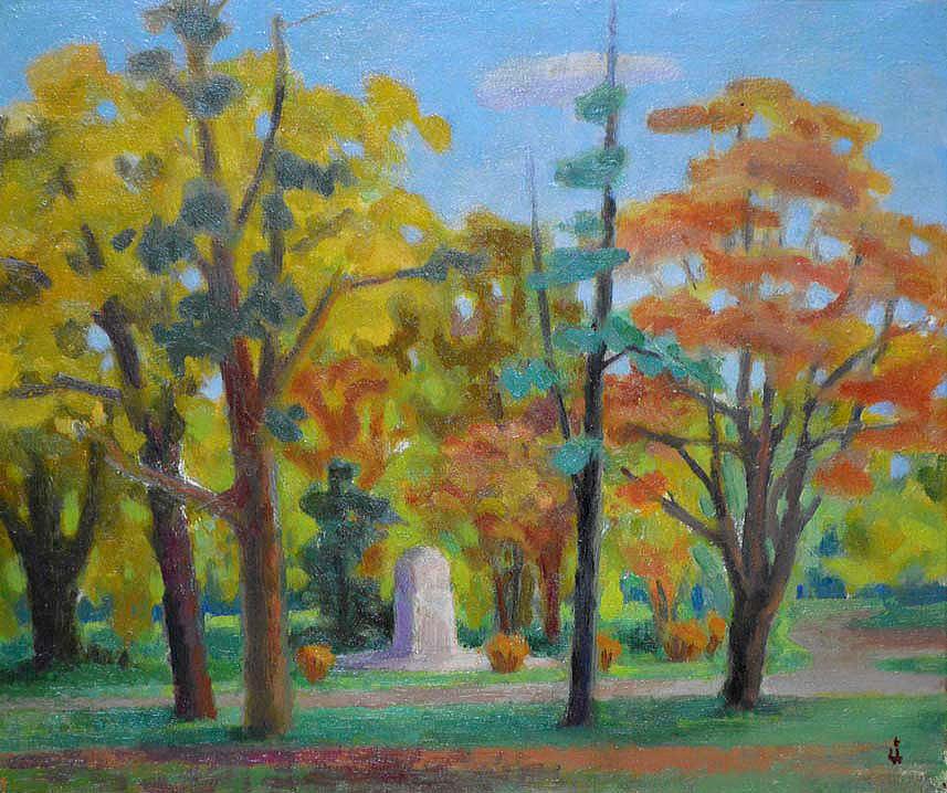 能勢真美「秋日(北大)」油絵・F8号・1943年作 拡大部分