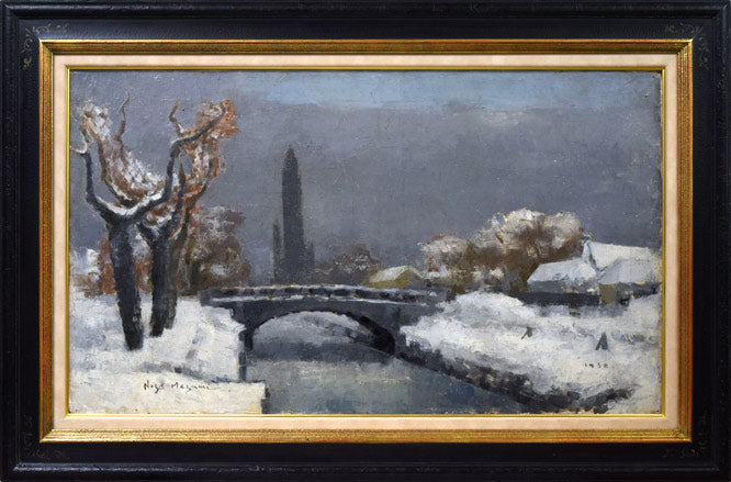 能勢真美「雪・創成川(札幌・望楼)」油絵・変形30号