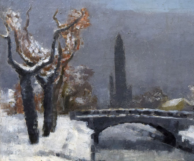 能勢真美「雪・創成川(札幌・望楼)」油絵・変形30号 拡大画像1