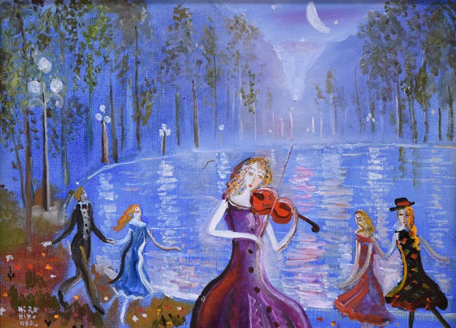 織田広比古「水辺の音楽」油絵・F4号 作品全体拡大画像