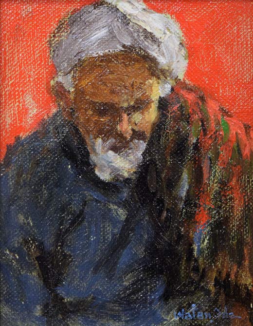 小田和典「ジュータン売り」油絵・F0号 作品全体拡大画像