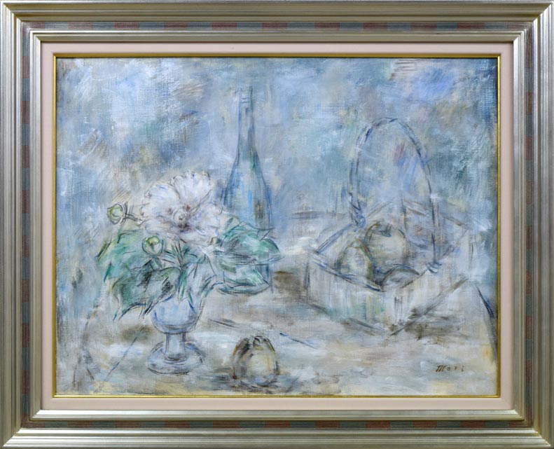 小川マリ「芙蓉と果物」油絵・P15号