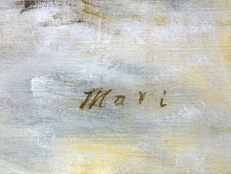 小川マリ「芙蓉と果物」油絵・P15号 サイン部分