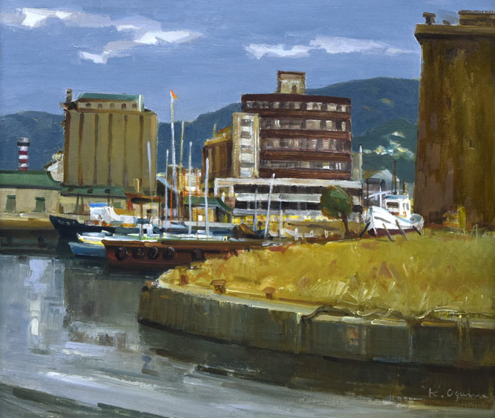 小川清「ヨットのある埠頭（小樽）」油絵・F10号　作品全体拡大画像