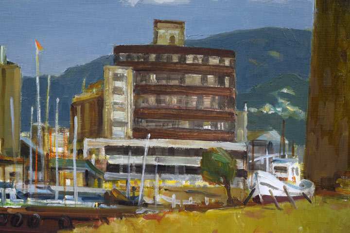 小川清「ヨットのある埠頭(小樽)」油絵・F10号 拡大画像1