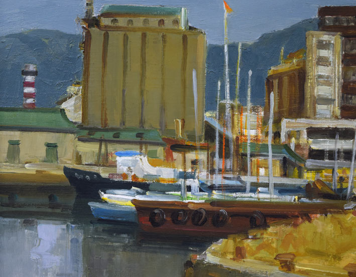 小川清「ヨットのある埠頭(小樽)」油絵・F10号 拡大画像2