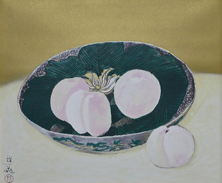 小倉遊亀「古九谷皿と白桃」リトグラフ 拡大部分