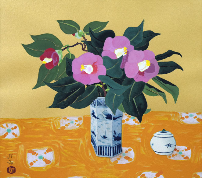 小倉遊亀「椿」木版画 作品全体画像