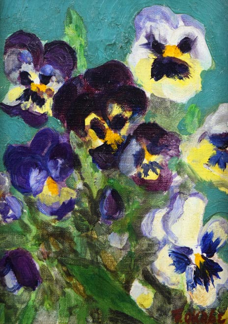 岡部文之助「パンジー」油絵・変形サイズ(20.4×14) 作品全体拡大画像