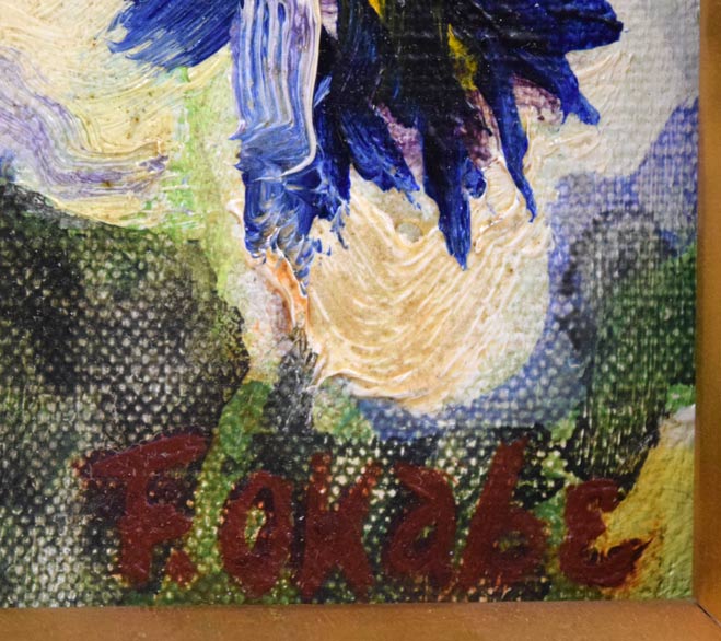 岡部文之助「パンジー」油絵・変形サイズ(20.4×14) サイン拡大画像