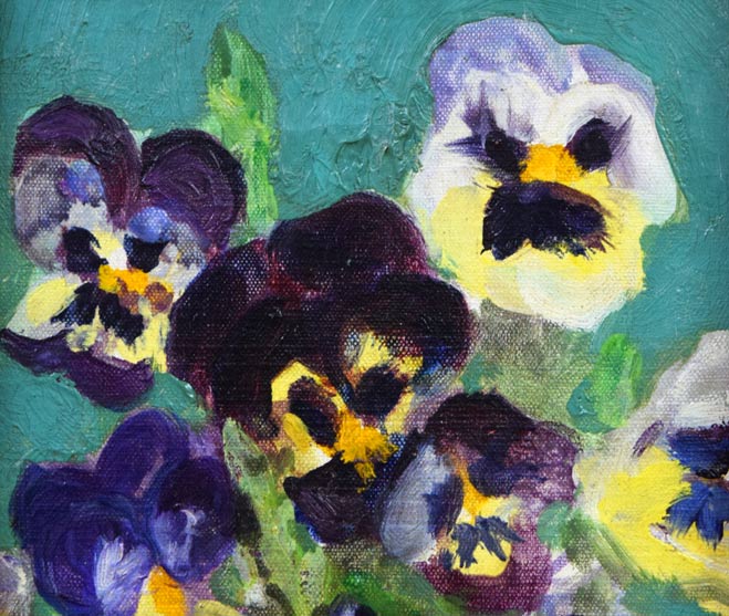岡部文之助「パンジー」油絵・変形サイズ(20.4×14) 拡大画像1
