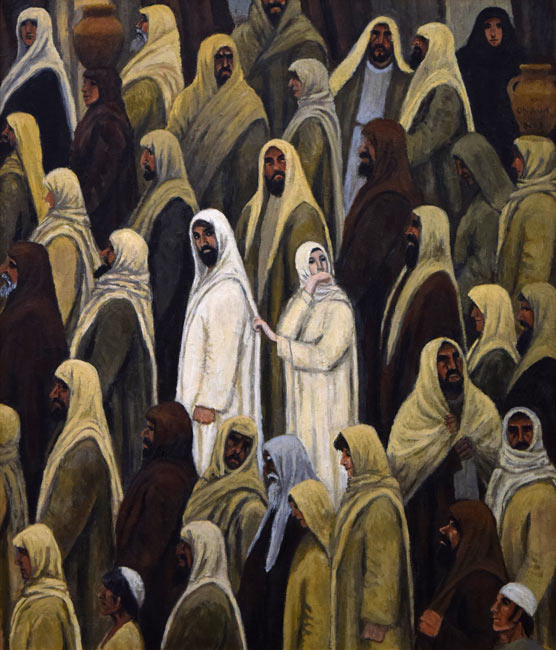 岡田利彦「雑踏(長血の女)」油絵・F10号 作品全体拡大画像