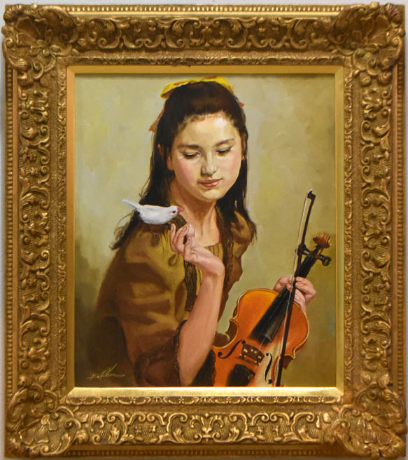 奥龍之介「小鳥と少女」油絵・F8号