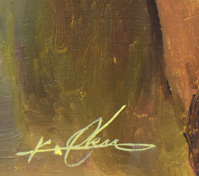 奥龍之介「小鳥と少女」油絵・F8号 サイン画像